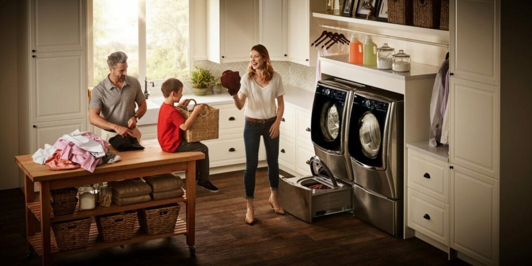 family sharing laundry tricks and tips in the laundry room with LG twin system 
